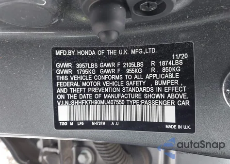 2021 Honda Civic Sport Touring from USA, damaged, VIN SHHFK7H90MU407550